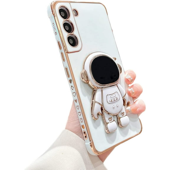 Phone Case for Samsung Galaxy S21+ Plus 6.7” Luxury Plating Cute Astronaut Stand Holder Phone Case with Love Heart Side Small Pattern Soft Silicone Shockproof Kickstand Cover Bumper (White)