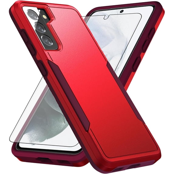 Phone Case for Samsung Galaxy S21 Plus S21+ 5G with Tempered Glass Screen Protector Cover and Slim Hybrid Full Body Protective Cell Accessories S21+5G S21plus 21S + S 21 21+ G5 Women Men Red