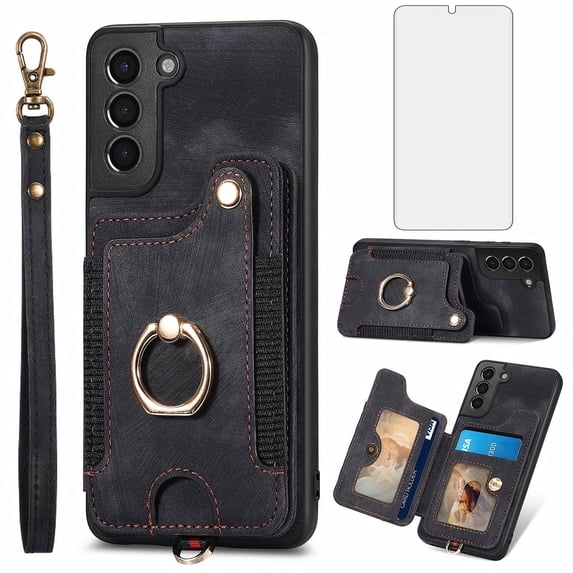 Phone Case for Samsung Galaxy S21 Plus S21+ 5G Wallet Cell Cover with Tempered Glass Screen Protector Slim Lanyard Wrist Strap RFID Ring Stand Credit Card Holder Slot S21+5G S21plus 21S + S 21+ Black
