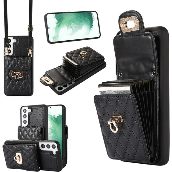Phone Case for Samsung Galaxy S21 Plus S21+ 5G Wallet Cover with Credit Card Holder Shoulder Crossbody Strap Long Lanyard Leather Cell Accessories S21+5G S21plus 21S + S 21 21+ G5 Women Girls Black
