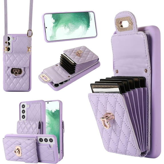 Phone Case for Samsung Galaxy S21 Plus S21+ 5G Wallet Cover with Credit Card Holder Shoulder Crossbody Strap Long Lanyard Leather Cell Accessories S21+5G S21plus 21S + S 21 21+ G5 Women Girls Purple
