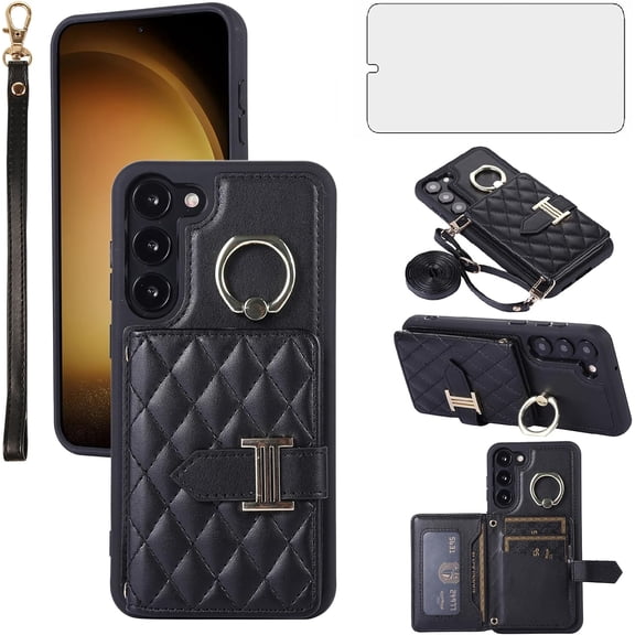Phone Case for Samsung Galaxy S21 Plus S21+ 5G Wallet Cover with Screen Protector and Ring Stand Credit Card Holder Slot Crossbody Strap Cell S21+5G S21plus 21S + S 21 21+ G5 Women Girls Men Black