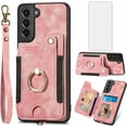 thumbnail image 1 of Phone Case for Samsung Galaxy S21 Plus S21+ 5G Wallet Cover with Screen Protector and Wrist Strap Lanyard RFID Card Holder Ring Stand Cell Accessories S21+5G S21plus 21S + S 21 21+ G5 Women Men Pink, 1 of 7