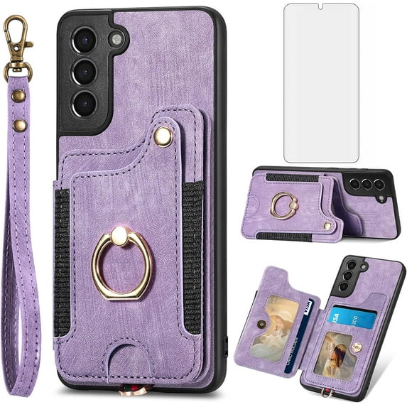 Phone Case for Samsung Galaxy S21 Plus S21+ 5G Wallet Cover with Screen Protector and Wrist Strap Lanyard RFID Card Holder Ring Stand Cell Accessories S21+5G S21plus 21S + S 21 21+ G5 Women Men Purple