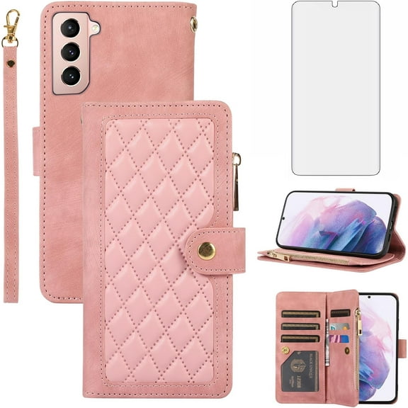 Phone Case for Samsung Galaxy S21 Plus S21+ 5G Wallet Cover With Tempered Glass Screen Protector and Flip Zipper Credit Card Holder Slot Stand Cell S21+5G S21plus 21S + S 21 21+ G5 Women Men Rose gold