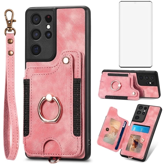 Phone Case for Samsung Galaxy S21 Ultra 5G Wallet Cell Cover with Tempered Glass Screen Protector Slim Lanyard Wrist Strap RFID Ring Stand Credit Card Holder Slot S21ultra 21S S 21 21ultra G5 Pink