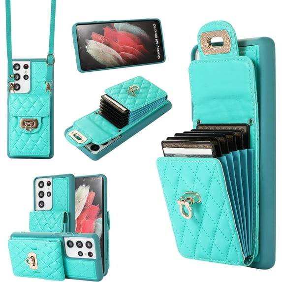 Phone Case for Samsung Galaxy S21 Ultra 5G Wallet Cover with Credit Card Holder Shoulder Crossbody Strap Long Lanyard Leather Cell Accessories S21ultra 21S S 21 21ultra G5 Women Girls Green