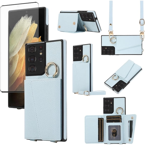 Phone Case for Samsung Galaxy S21 Ultra 5G Wallet Cover with Screen Protector and Credit Card Holder Mirror Crossbody Strap Ring Cell S21ultra 21S S 21 21ultra G5 Women Girls Men Blue