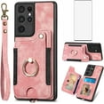 thumbnail image 1 of Phone Case for Samsung Galaxy S21 Ultra 5G Wallet Cover with Screen Protector and Wrist Strap Lanyard RFID Credit Card Holder Ring Stand Cell Accessories S21ultra 21S S 21 21ultra G5 Women Men Pink, 1 of 13