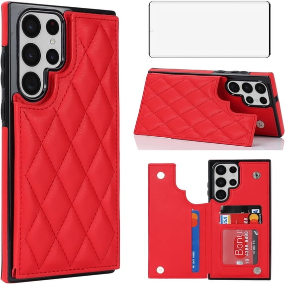 Phone Case for Samsung Galaxy S21 Ultra 5G Wallet Cover with Tempered Glass Screen Protector and Leather RFID Card Holder Stand Cell Accessories S21ultra 21S S 21 21ultra G5 Women Men Red