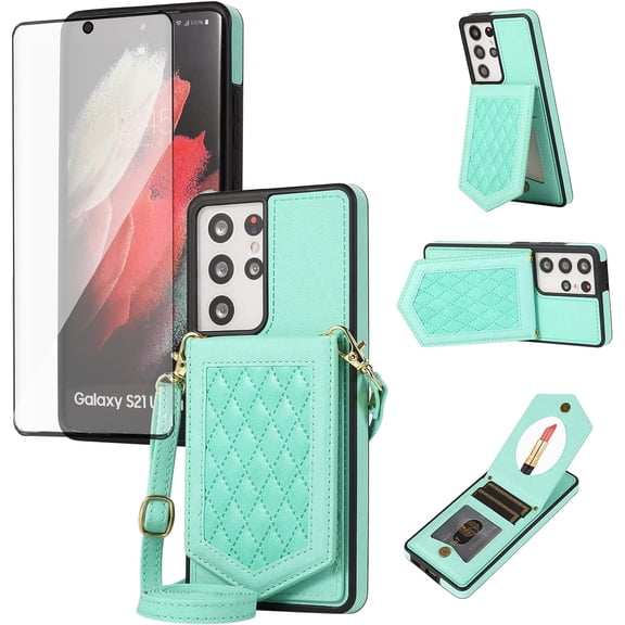 Phone Case for Samsung Galaxy S21 Ultra 5G Wallet Cover with Tempered Glass Screen Protector Mirror Credit Card Holder Slot Shoulder Crossbody Strap Cell S21ultra 21S S 21 21ultra G5 Women Girls Green
