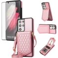 thumbnail image 1 of Phone Case for Samsung Galaxy S21 Ultra 5G Wallet Cover with Tempered Glass Screen Protector Mirror Credit Card Holder Slot Shoulder Crossbody Strap Cell S21ultra 21S S 21 21ultra G5 Women Rose gold, 1 of 13