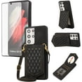 thumbnail image 1 of Phone Case for Samsung Galaxy S21 Ultra 5G Wallet Cover with Tempered Glass Screen Protector Mirror Credit Card Holder Slot Shoulder Crossbody Strap Cell S21ultra 21S S 21 21ultra G5 Women Girls Black, 1 of 13