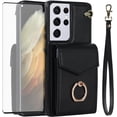 thumbnail image 1 of Phone Case for Samsung Galaxy S21 Ultra 5G Wallet Cover with Tempered Glass Screen Protector and RFID Blocking Ring Credit Card Holder Leather Cell S21ultra 21S S 21 21ultra G5 Women Men Black, 1 of 11
