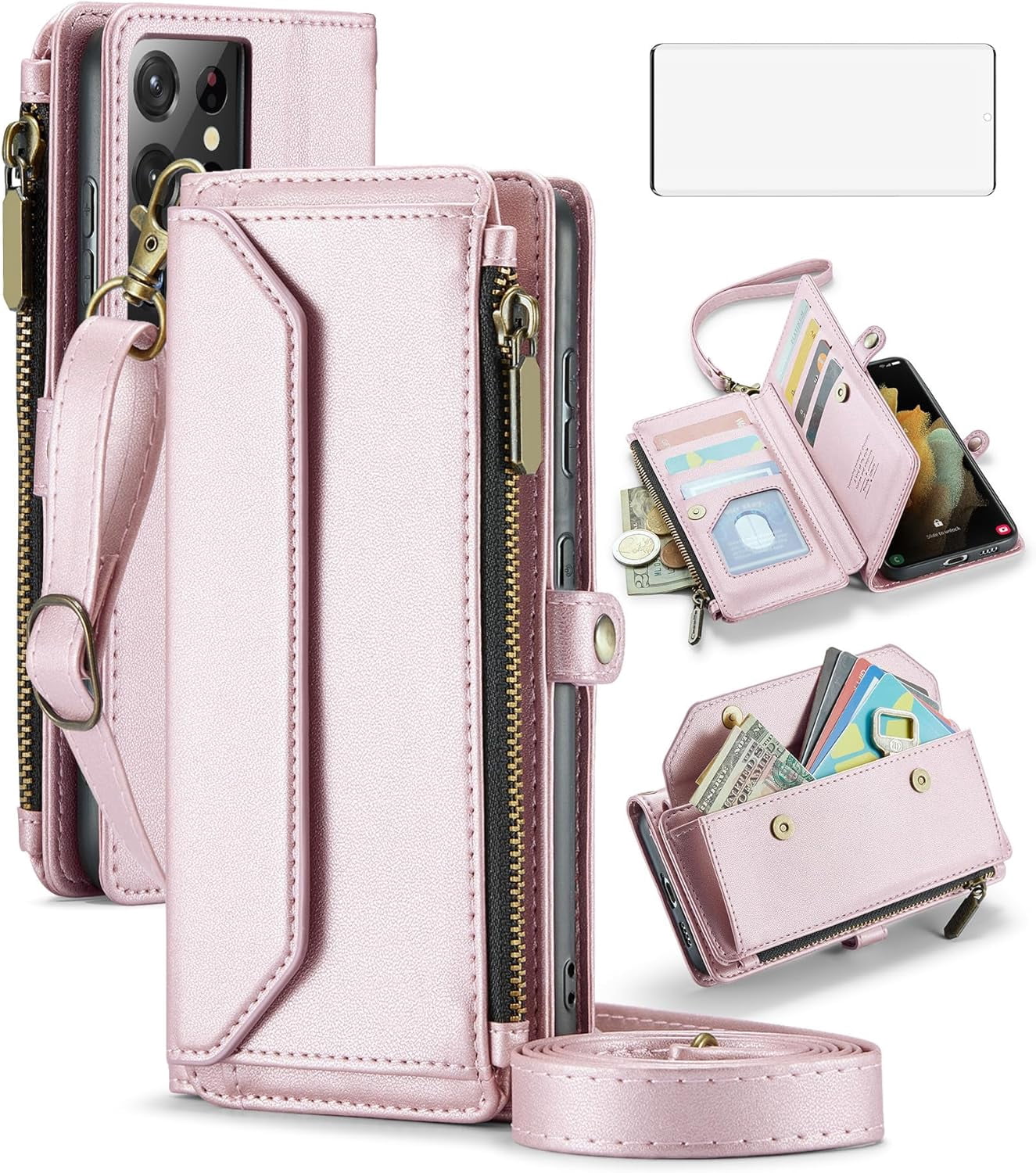 Phone Case for Samsung Galaxy S21 Ultra 5G Zipper Wallet Cover with Tempered Glass Screen Protector and Flip RFID Blocking Card Holder Cell S21ultra 21S S 21 21ultra G5 Women Girls Rose Gold