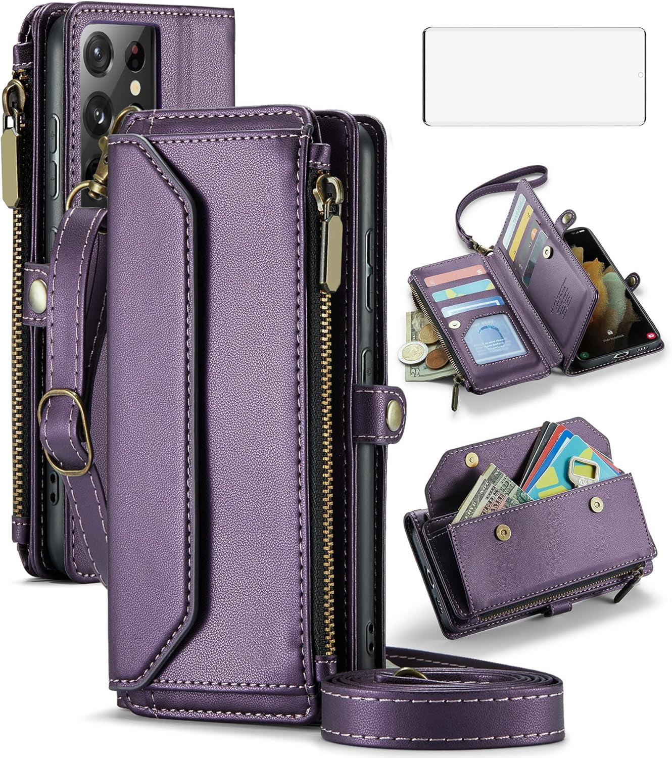 Phone Case for Samsung Galaxy S21 Ultra 5G Zipper Wallet Cover with Tempered Glass Screen Protector and Flip RFID Blocking Cash Card Holder Cell S21ultra 21S S 21 21ultra G5 Women Girls Purple