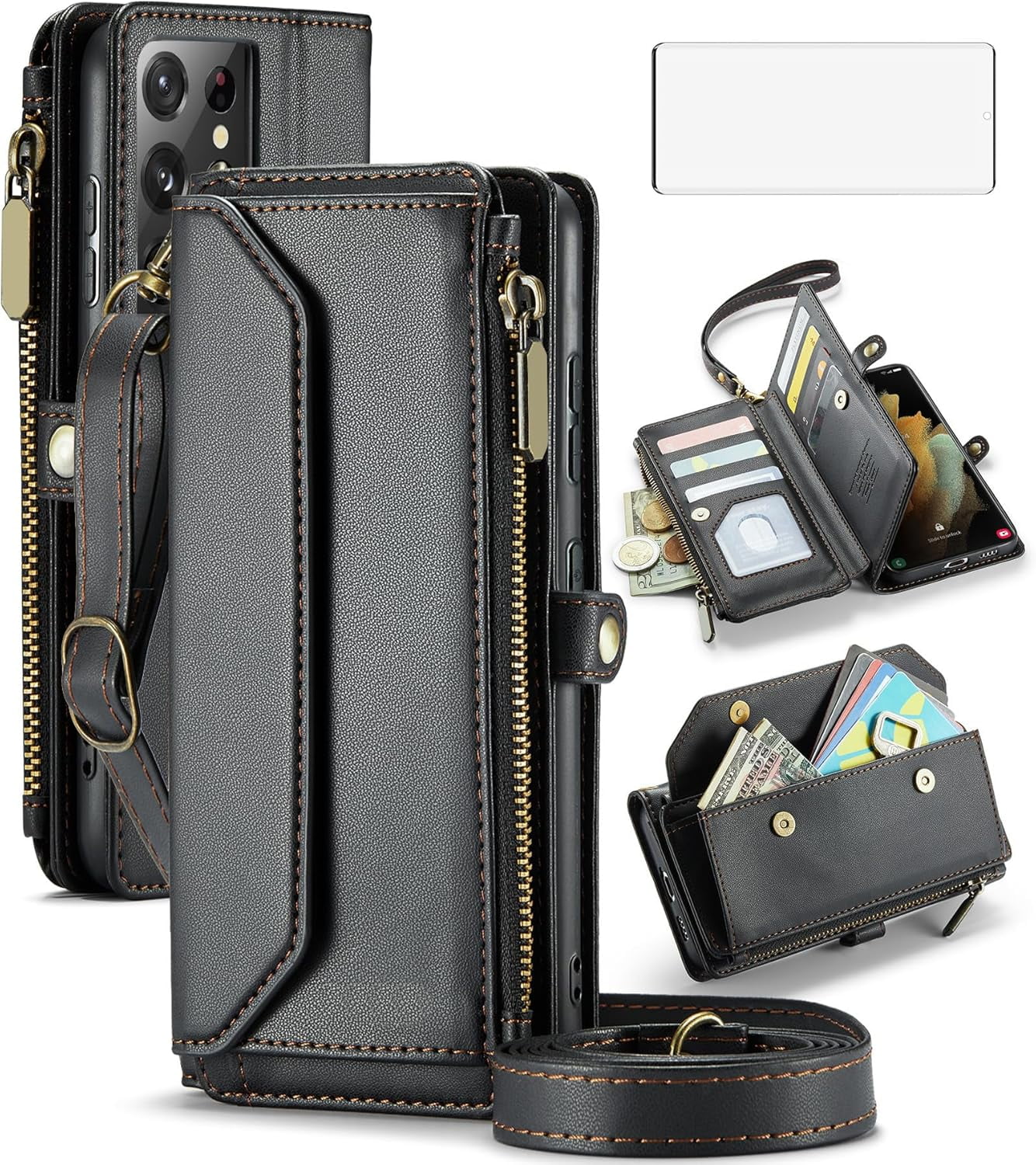 Phone Case for Samsung Galaxy S21 Ultra 5G Zipper Wallet Cover with Tempered Glass Screen Protector and Flip RFID Blocking Cash Card Holder Cell S21ultra 21S S 21 21ultra G5 Women Girls Black
