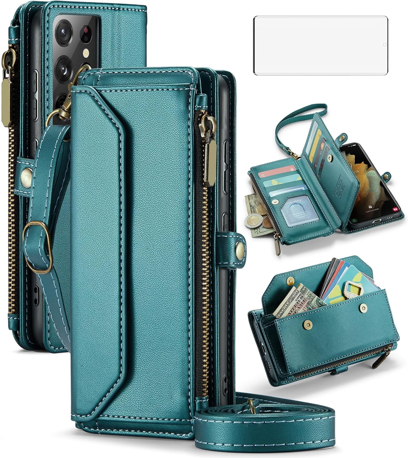 Phone Case for Samsung Galaxy S21 Ultra 5G Zipper Wallet Cover with Tempered Glass Screen Protector and Flip RFID Blocking Cash Card Holder Cell S21ultra 21S S 21 21ultra G5 Women Girls Green