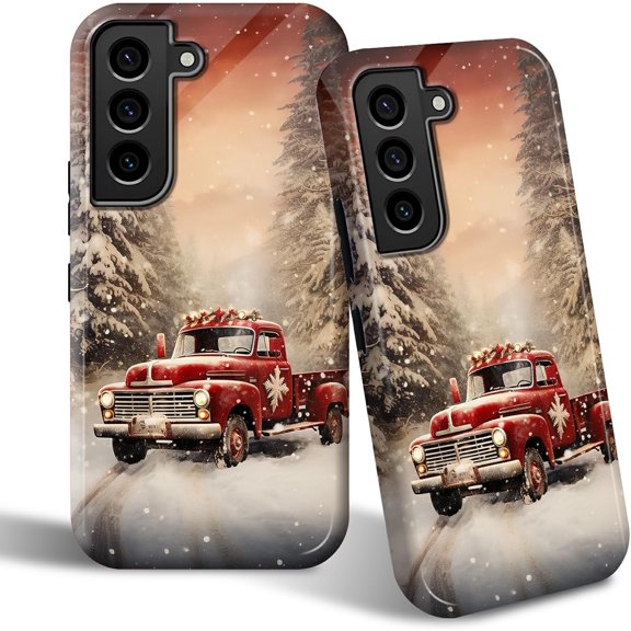 Phone Case for Samsung Galaxy S22, 2 Layers Full Body Protective Cover with Xmas Snow Track Printed Design, Anti-Scratch Hard Back & Soft TPU Bumper Slim Fit Case for Girls Women