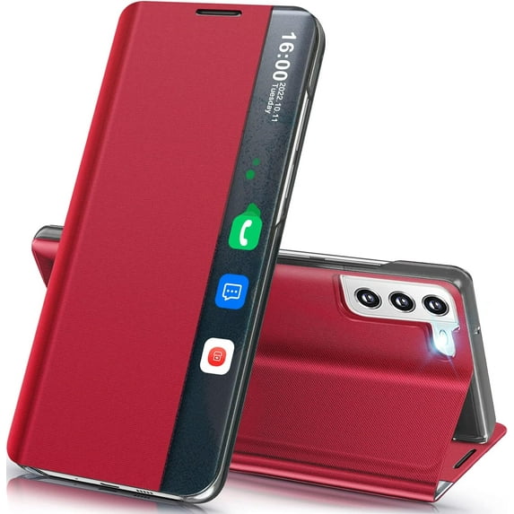 Phone Case for Samsung Galaxy S22 5G Case, Smart Clear View Window Luxury Slim Mirror for Galaxy S22 Case with Kickstand, Leather Hard PC Flip Shockproof Protective Cover Samsung S22 Case, Red