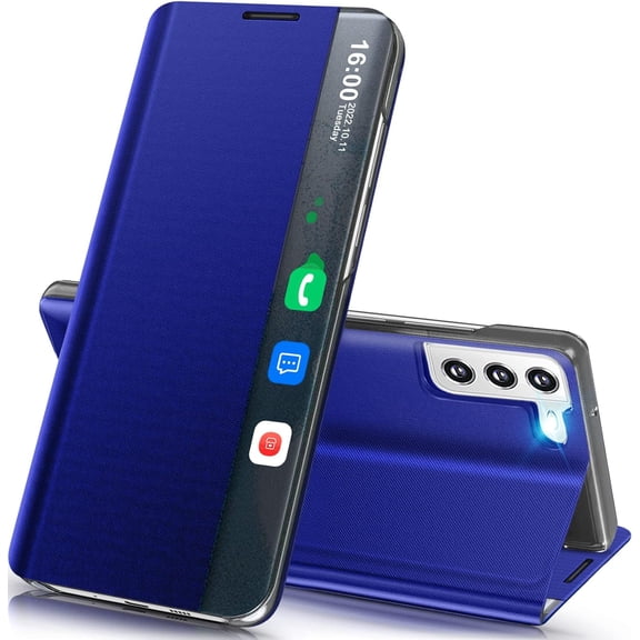 Phone Case for Samsung Galaxy S22 5G Case, Smart Clear View Window Luxury Slim Mirror for Galaxy S22 Case with Kickstand, Leather Hard PC Flip Shockproof Protective Cover Samsung S22 Case, Blue
