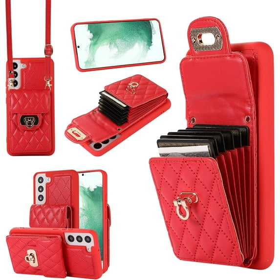 Phone Case for Samsung Galaxy S22 5G Wallet Cover with Credit Card Holder Shoulder Crossbody Strap Long Lanyard Leather Cell Accessories S 22 22S 4G G5 6.1 inch Slot Mobile Purse Women Men Red