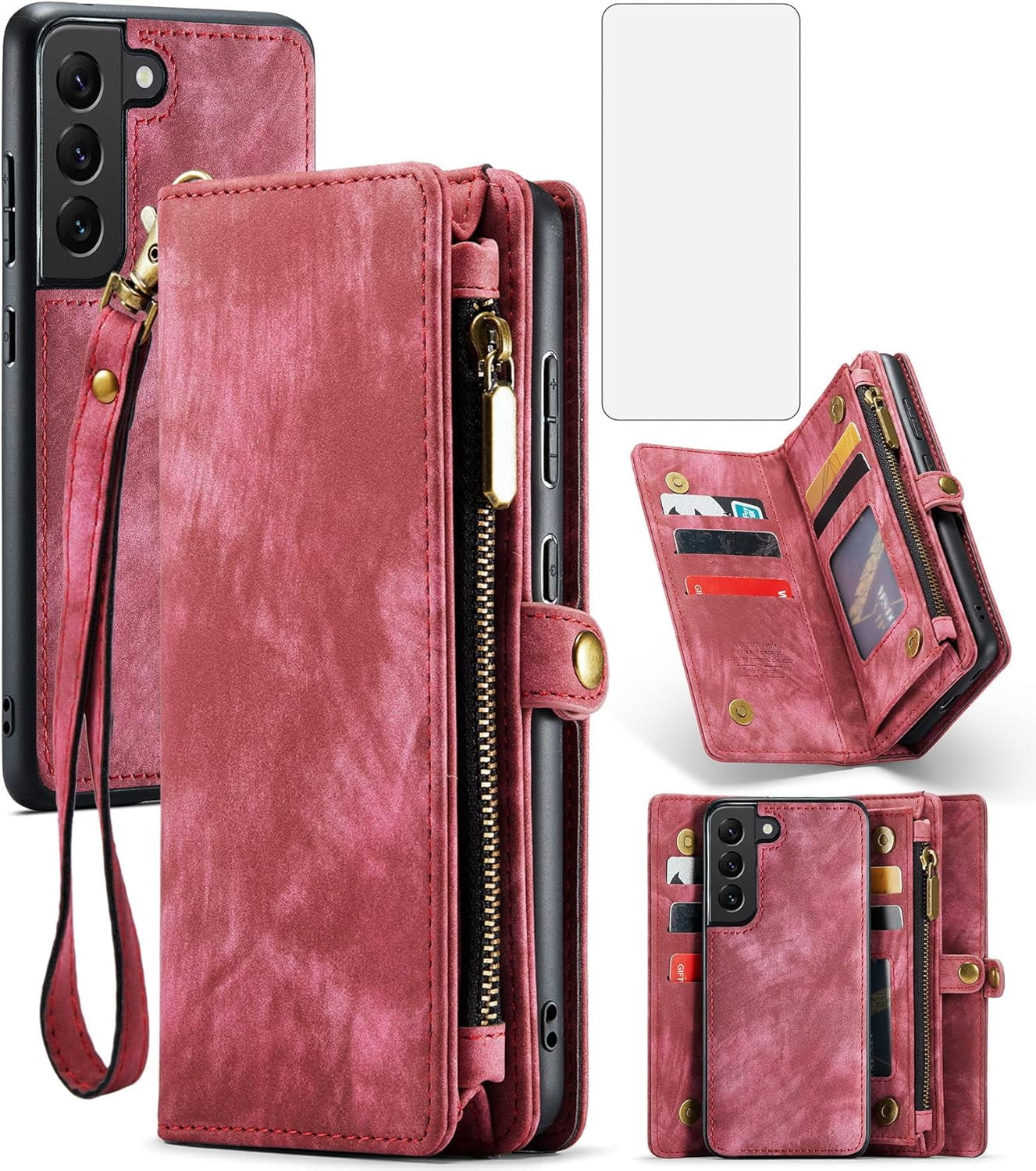 Phone Case for Samsung Galaxy S22 5G Zipper Wallet Detachable Cover with Tempered Glass Screen Protector and Leather Flip Credit Card Holder Cell Accessories Gaxaly S 22 22S G5 Women Men Red