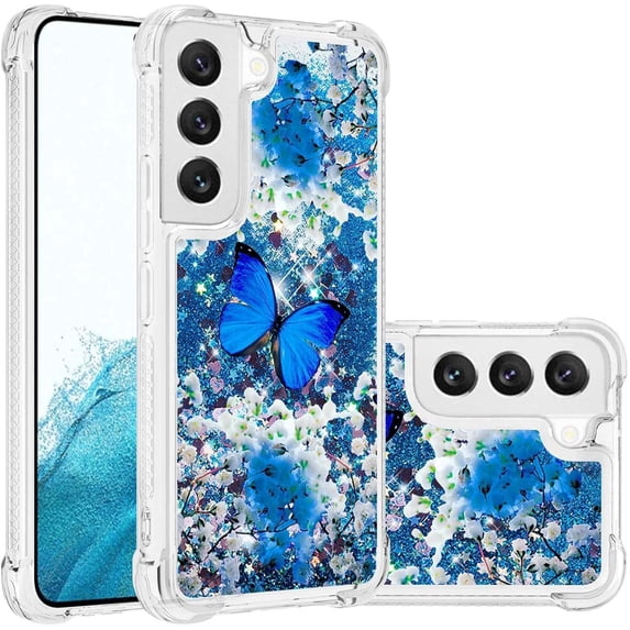 Phone Case for Samsung Galaxy S22 Plus (Not fit S22), Crystal Bling Quicksand Effect TPU Bumper Case with Four Corners Heavy Protective Cover for Samsung Galaxy S22 Plus,YBDT Blue Butterfly
