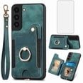 thumbnail image 1 of Phone Case for Samsung Galaxy S22 Plus S22+ 5G Wallet Cell Cover with Tempered Glass Screen Protector Slim Lanyard Wrist Strap RFID Ring Stand Credit Card Holder Slot S22+5G S22plus 22S + S 22+ Green, 1 of 10