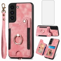 Phone Case for Samsung Galaxy S22 Plus S22  5G Wallet Cell Cover with Tempered Glass Screen Protector Slim Lanyard Wrist Strap RFID Ring Stand Credit Card Holder Slot S22 5G S22plus 22S   S 22  Pink