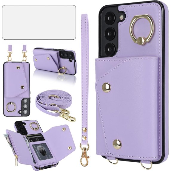 Phone Case for Samsung Galaxy S22 Plus S22+ 5G Wallet Cover with Screen Protector and Ring Stand Credit Card Holder Slot Crossbody Strap Cell S22+5G S22plus 22S + S 22 22+ Women Girls Purple