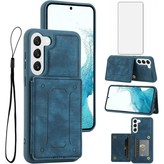 Phone Case for Samsung Galaxy S22 Plus S22+ 5G Wallet Cover with Screen Protector and Slim Credit Card Holder Stand Magnetic PU Leather Cell Accessories S22+5G S22plus 22S + S 22 22+ Women Men Blue