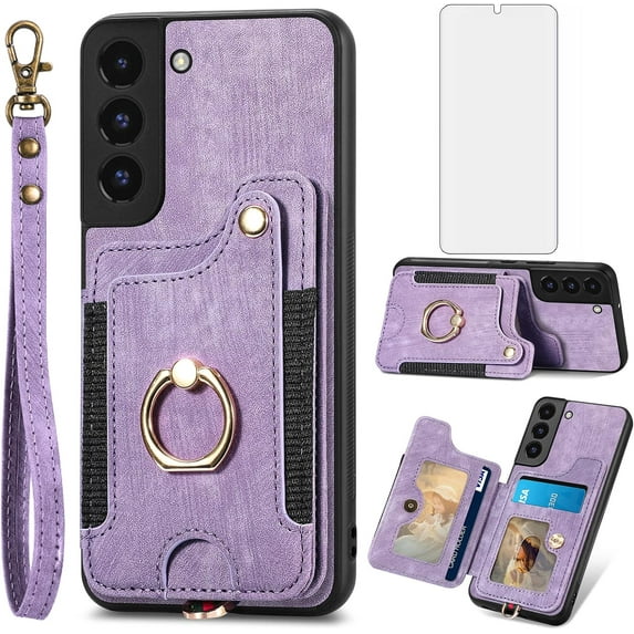 Phone Case for Samsung Galaxy S22 Plus S22+ 5G Wallet Cover with Screen Protector and Wrist Strap Lanyard RFID Credit Card Holder Ring Stand Cell Accessories S22+5G S22plus 22S + S 22 22+ Women Purple