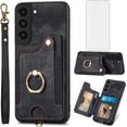 thumbnail image 1 of Phone Case for Samsung Galaxy S22 Plus S22+ 5G Wallet Cover with Screen Protector and Wrist Strap Lanyard RFID Credit Card Holder Ring Stand Cell Accessories S22+5G S22plus 22S + S 22 22+ Women Black, 1 of 13