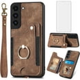 thumbnail image 1 of Phone Case for Samsung Galaxy S22 Plus S22+ 5G Wallet Cover with Screen Protector and Wrist Strap Lanyard RFID Credit Card Holder Ring Stand Cell Accessories S22+5G S22plus 22S + S 22 22+ Women Brown, 1 of 13