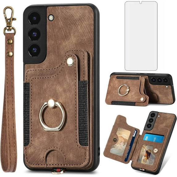 Phone Case for Samsung Galaxy S22 Plus S22+ 5G Wallet Cover with Screen Protector and Wrist Strap Lanyard RFID Credit Card Holder Ring Stand Cell Accessories S22+5G S22plus 22S + S 22 22+ Women Brown