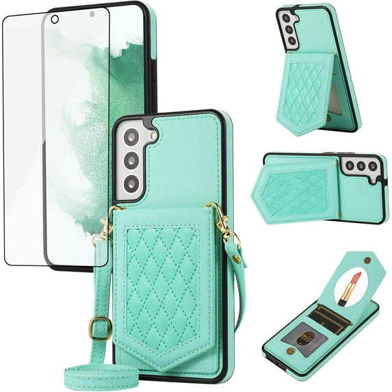 Phone Case for Samsung Galaxy S22 Plus S22+ 5G Wallet Cover with Tempered Glass Screen Protector Mirror Card Holder Slot Shoulder Crossbody Strap Cell S22+5G S22plus 22S + S 22 22+ Women Girls Green