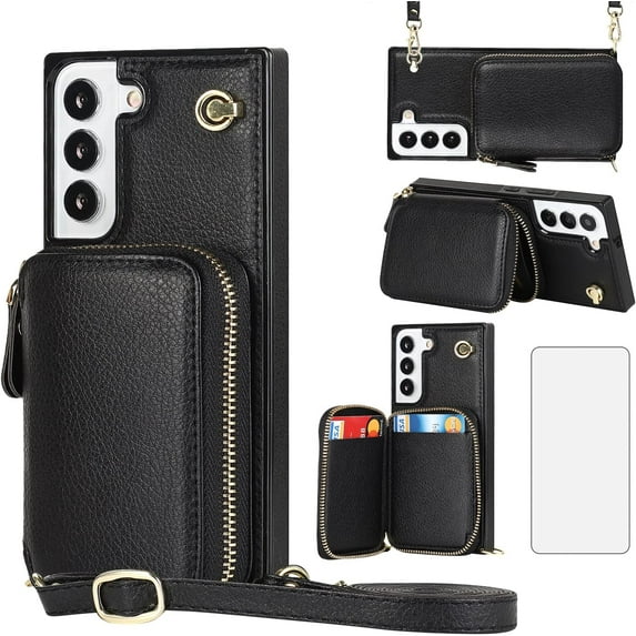 Phone Case for Samsung Galaxy S22 Plus S22+ 5G Wallet Cover with Tempered Glass Screen Protector and Zipper Card Holder Slot Stand Leather S22+5G S22plus 22S + S 22 22+ G5 Women Men Black