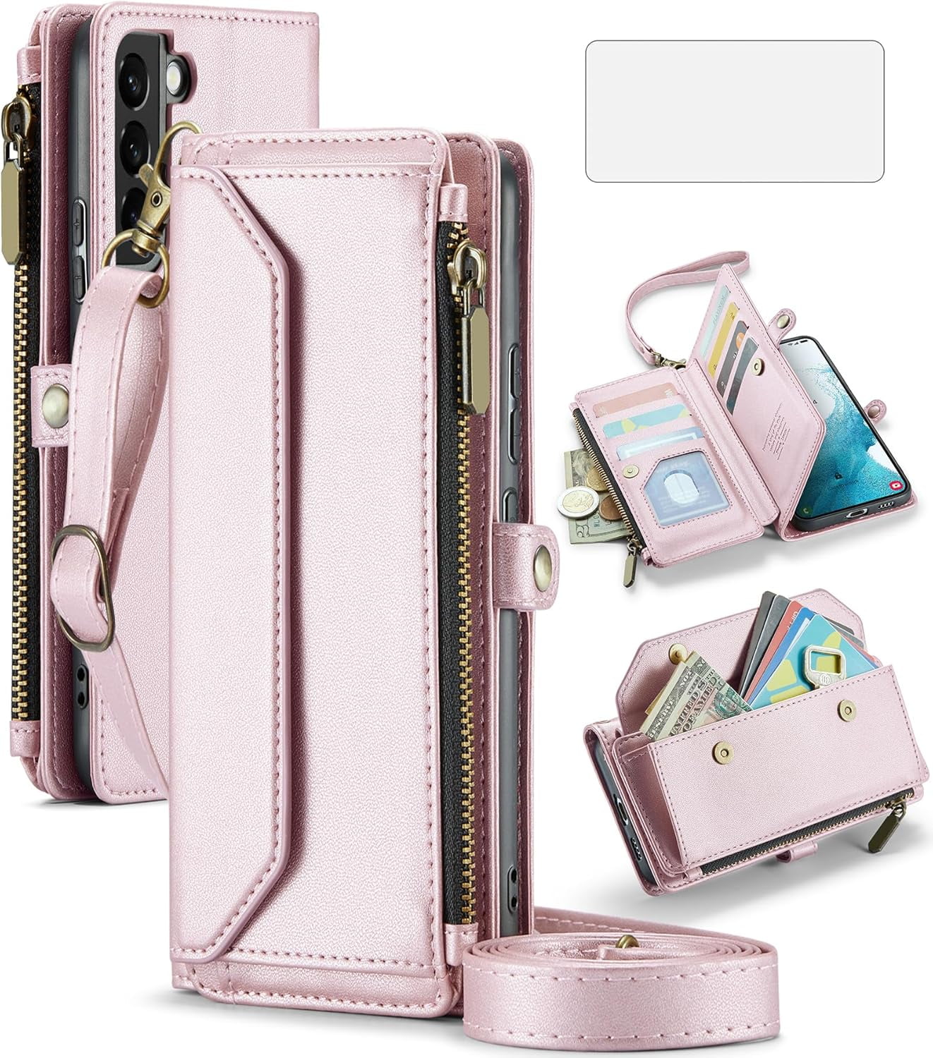 Phone Case for Samsung Galaxy S22 Plus S22+ 5G Zipper Wallet Cover with Tempered Glass Screen Protector and Flip RFID Blocking Card Holder Cell S22+5G S22plus 22S + S 22 22+ Women Rose Gold