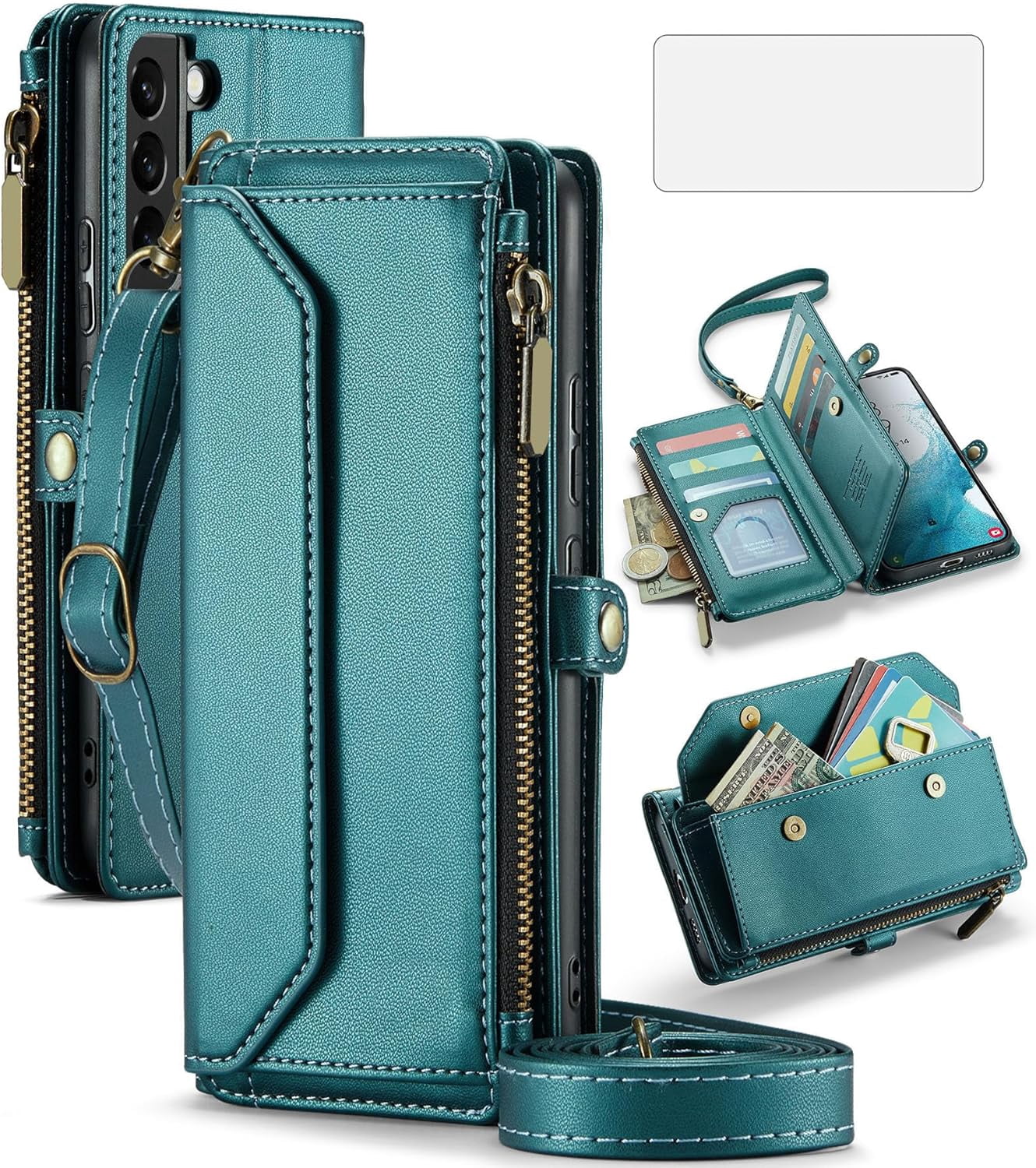 Phone Case for Samsung Galaxy S22 Plus S22+ 5G Zipper Wallet Cover with Tempered Glass Screen Protector and Flip RFID Blocking Card Holder Cell S22+5G S22plus 22S + S 22 22+ Women Girls Green