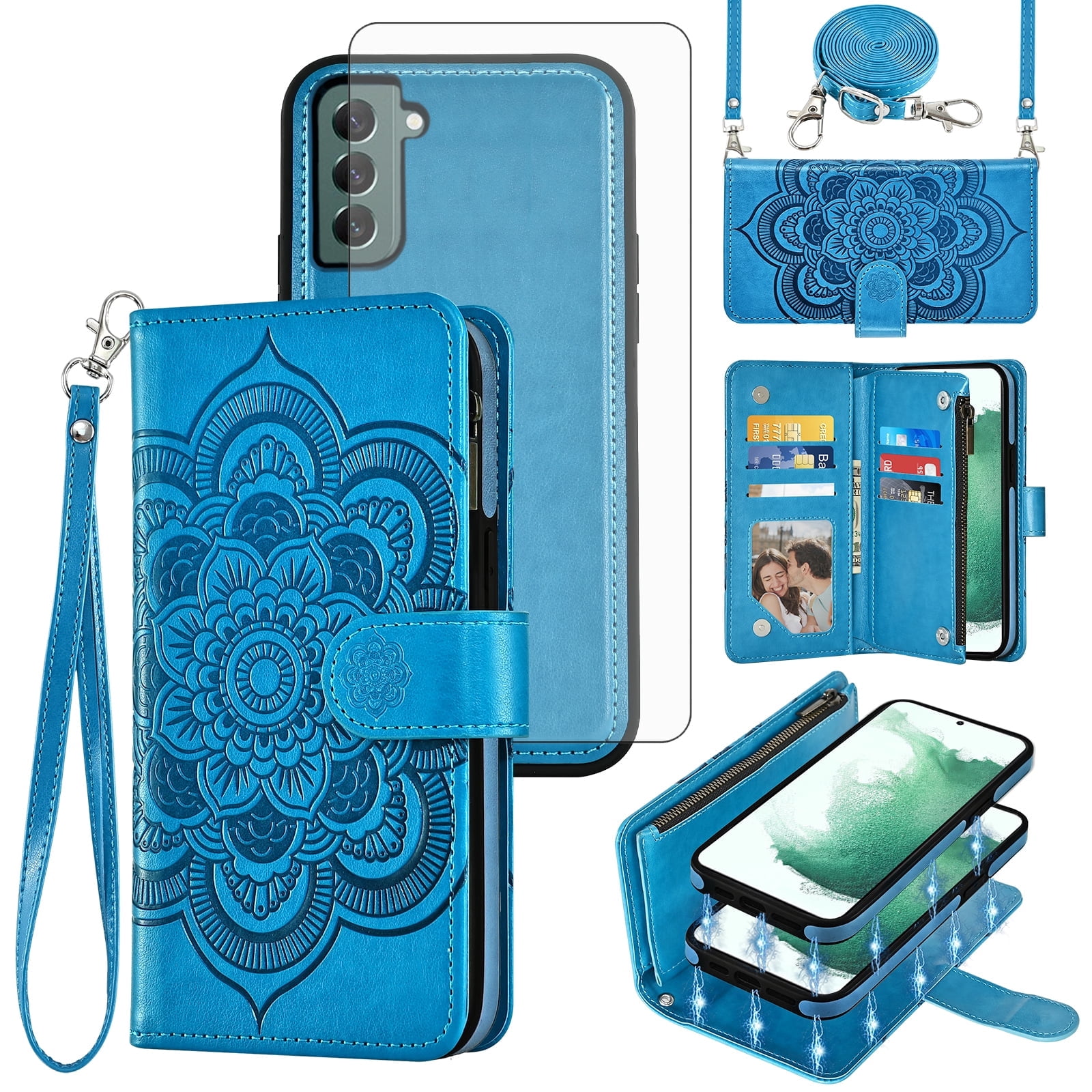 Phone Case for Samsung Galaxy S22 Plus S22+ 5G Zipper Wallet Magnetic Detachable Cell Cover with Tempered Glass Screen Protector Crossbody Strap Flower Card Holder Slot S22 S22plus S 22+ Women Blue