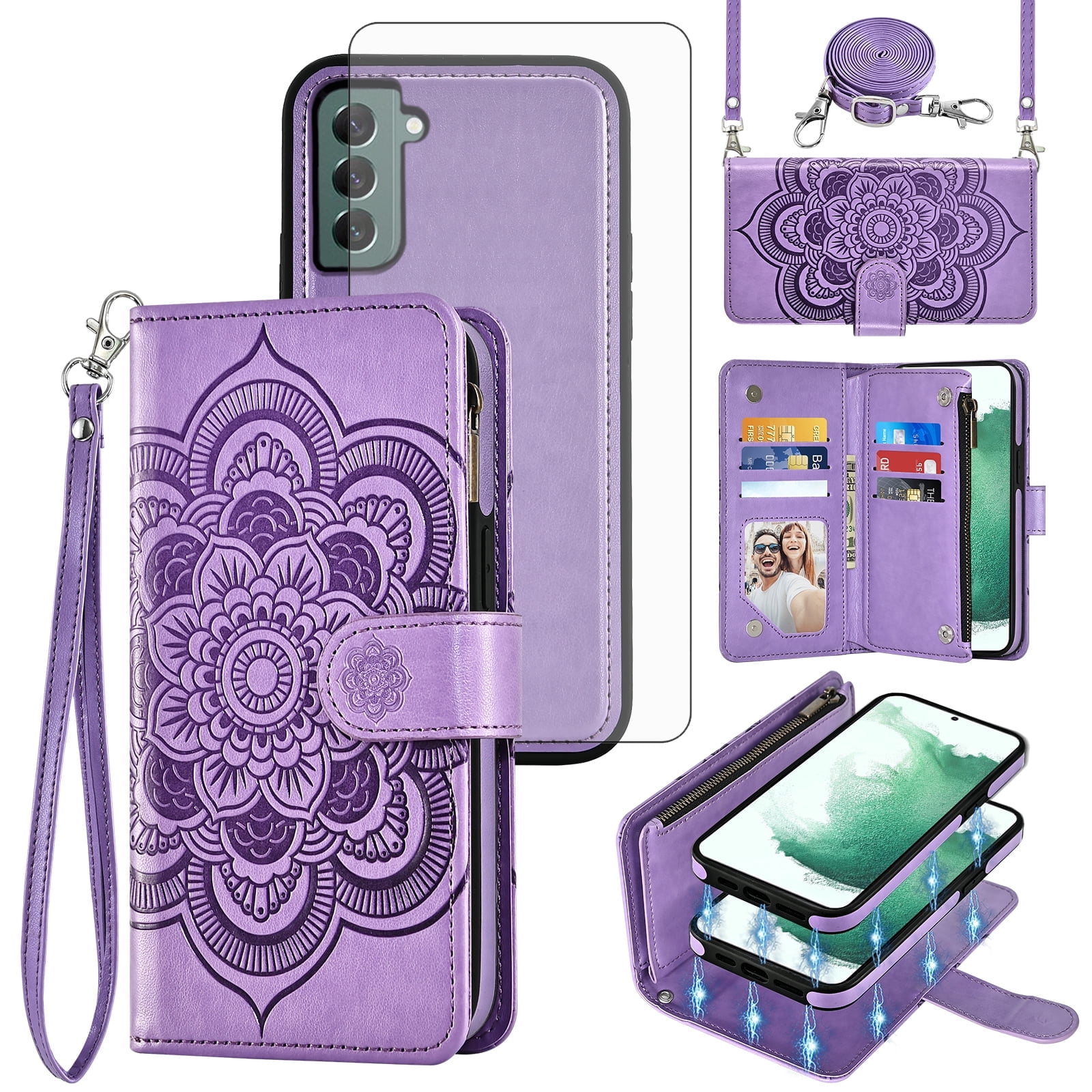 Phone Case for Samsung Galaxy S22 Plus S22+ 5G Zipper Wallet Magnetic Detachable Cell Cover with Tempered Glass Screen Protector Crossbody Strap Flower Card Holder Slot S22 S22plus S 22+ Women Purple