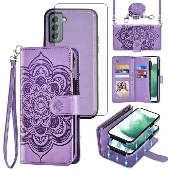 Phone Case for Samsung Galaxy S22 Plus S22  5G Zipper Wallet Magnetic Detachable Cell Cover with Tempered Glass Screen Protector Crossbody Strap Flower Card Holder Slot S22 S22plus S 22  Women Purple