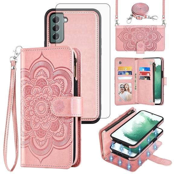 Phone Case for Samsung Galaxy S22 Plus S22+ 5G Zipper Wallet Magnetic Detachable Cell Cover with Tempered Glass Screen Protector Crossbody Strap Flower Card Holder Slot S22 S22plus S 22+ Women Pink