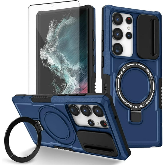 Phone Case for Samsung Galaxy S22 Ultra 5G with Screen Protector and Camera Cover Slim Magnetic Rugged Stand Heavy Duty Hybrid Cell S22ultra 22S S 22 S22ultra5g 6.8 Women Men Blue
