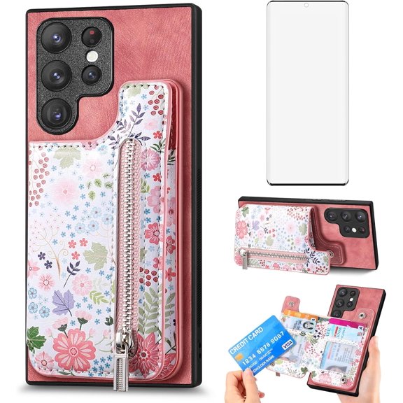 Phone Case for Samsung Galaxy S22 Ultra 5G with Tempered Glass Screen Protector and RFID Blocking Kickstand Card Holder Cell Accessories Wallet Cover for S22ultra 22S S 22 S22ultra5g 6.8 Rose
