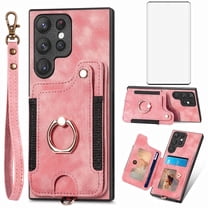 Phone Case for Samsung Galaxy S22 Ultra 5G Wallet Cell Cover with Tempered Glass Screen Protector Slim Lanyard Wrist Strap RFID Ring Stand Credit Card Holder Slot S22ultra 22S S 22 S22ultra5g Pink