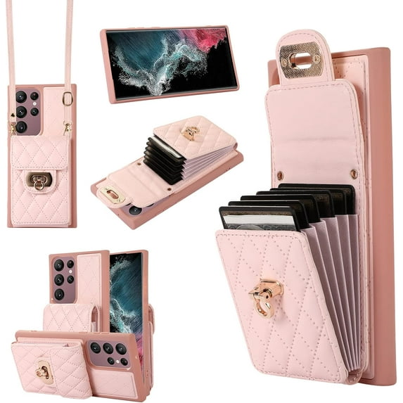 Phone Case for Samsung Galaxy S22 Ultra 5G Wallet Cover with Credit Card Holder Shoulder Crossbody Strap Long Lanyard Leather Cell Accessories S22ultra 22S S 22 S22ultra5g 6.8 Women Girls Pink