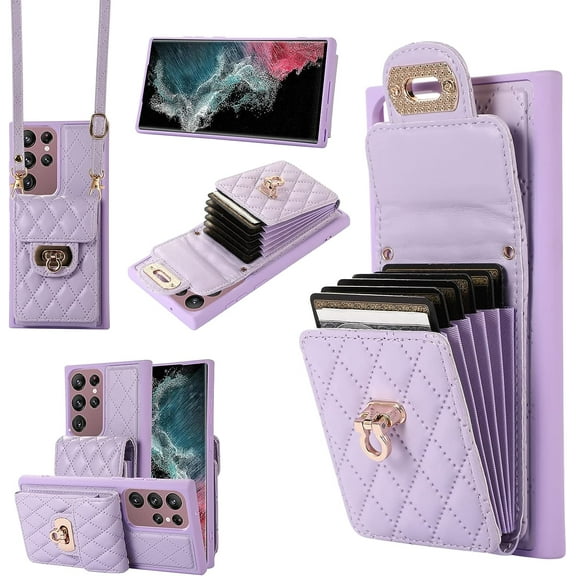 Phone Case for Samsung Galaxy S22 Ultra 5G Wallet Cover with Credit Card Holder Shoulder Crossbody Strap Long Lanyard Leather Cell Accessories S22ultra 22S S 22 S22ultra5g 6.8 Women Men Purple