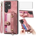 thumbnail image 1 of Phone Case for Samsung Galaxy S22 Ultra 5G Wallet Cover with Tempered Glass Screen Protector Slim Stand Credit Card Holder Slot Leather Cell S22ultra 22S S 22 S22ultra5g 6.8 Women Men Pink, 1 of 13